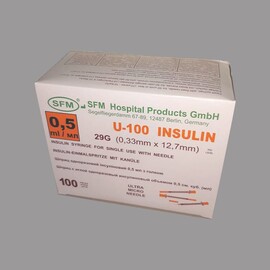 Шприц инсулиновый SFM 0,5мл U-100 с интегрирированной иглой 0,33*12,7 - 29G,